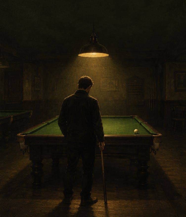 Illustration of a lone player standing at a snooker table under a single low lamp.